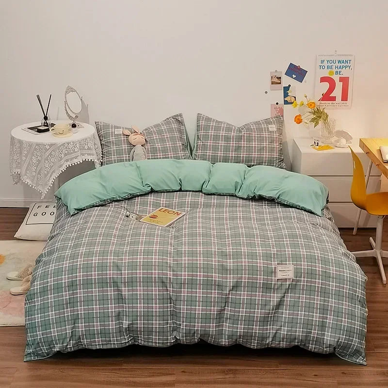 Afralia™ Japanese Grid Print Bedding Set for All Seasons, Queen/King Size Quilt Cover