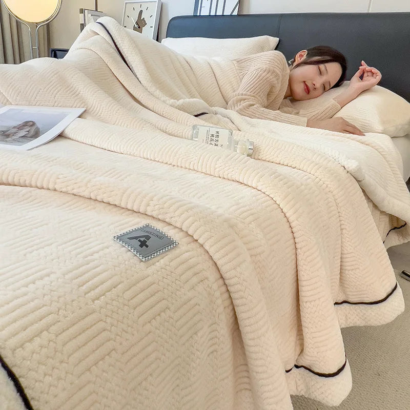 Afralia™ Cozy Jacquard Plush Blanket - Soft Coral Fleece - All-Season - European Solid Stripes