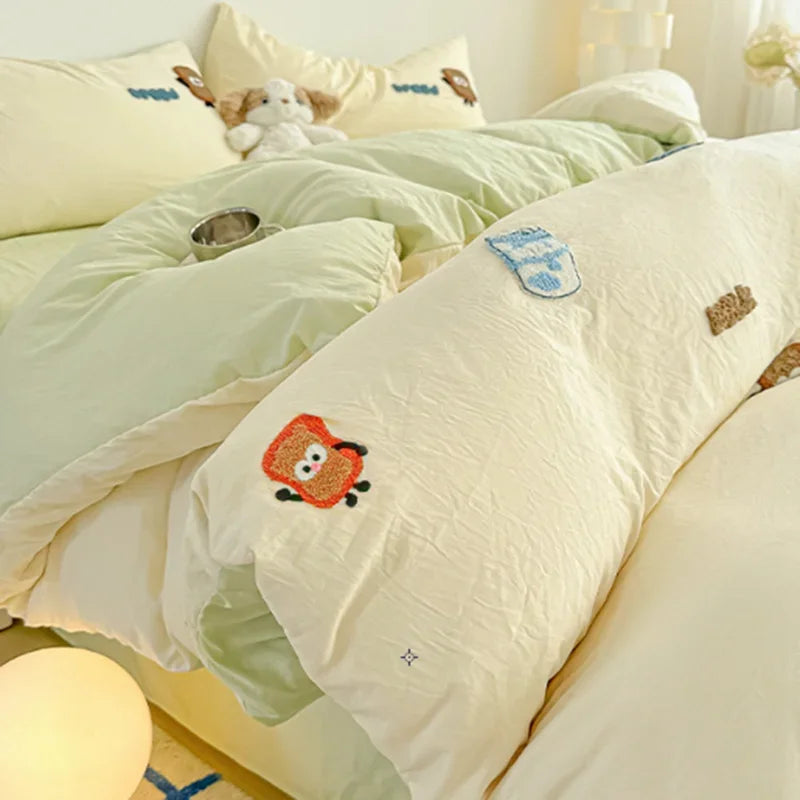 Afralia™ Cartoon Embroidery Jacquard Comforter Sets | Washed Cotton | Soft Skin-Friendly Bed Linen