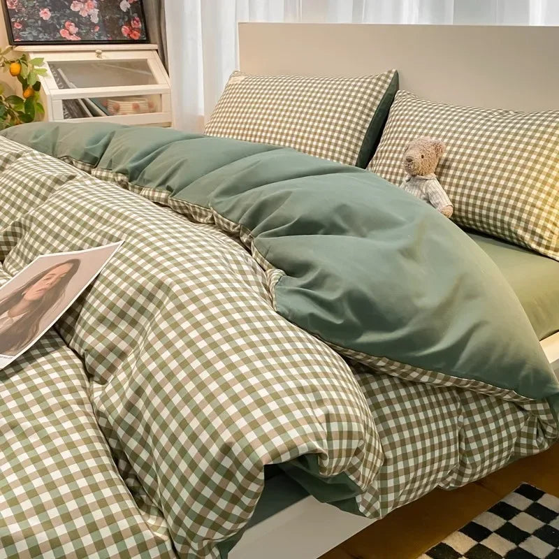 Afralia™ Japanese Grid Print Bed Set in Washed Cotton for Summer Comfort