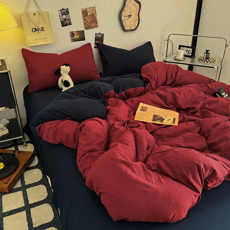 Afralia™ Two-Tone Washed Cotton Bedding Set Soft Duvet Cover for Student Dorm Home