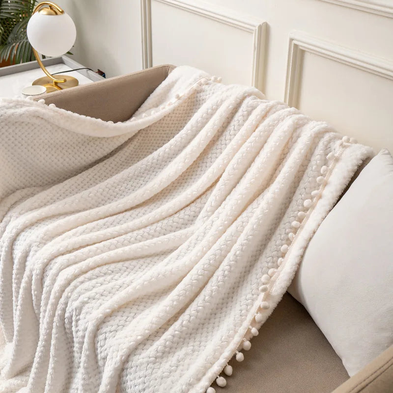 Afralia™ Plaid Tassel Ball Fleece Blanket - Queen Double Bedspread, Four Season Sofa Cover