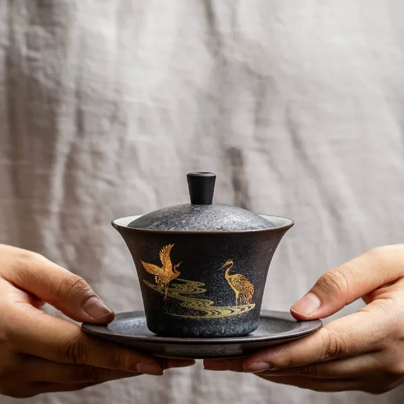 Afralia™ Handmade Ceramic Gaiwan Tea Cup Kung Fu Tea Set Tureen Drinkware