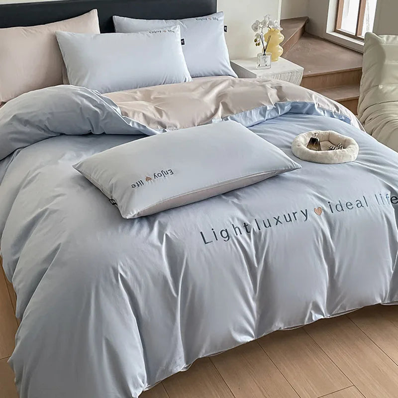 Afralia™ 120S Long Staple Cotton Satin Embroidery Bedding Set - Solid Color Twin Full Double Comforter