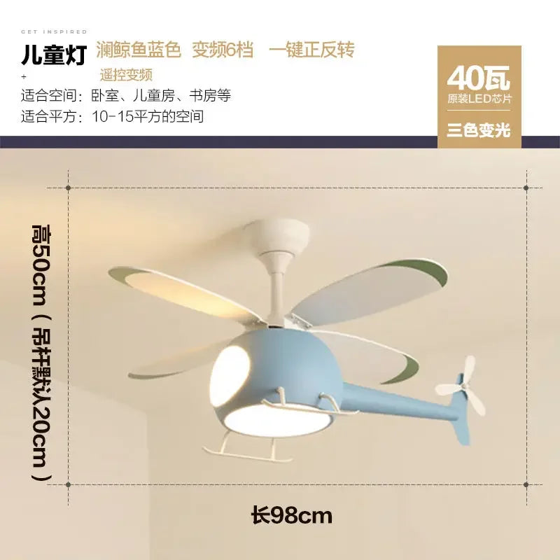 Afralia™ Kids' Helicopter Ceiling Fan with LED Light Chandelier - Modern Aircraft Design