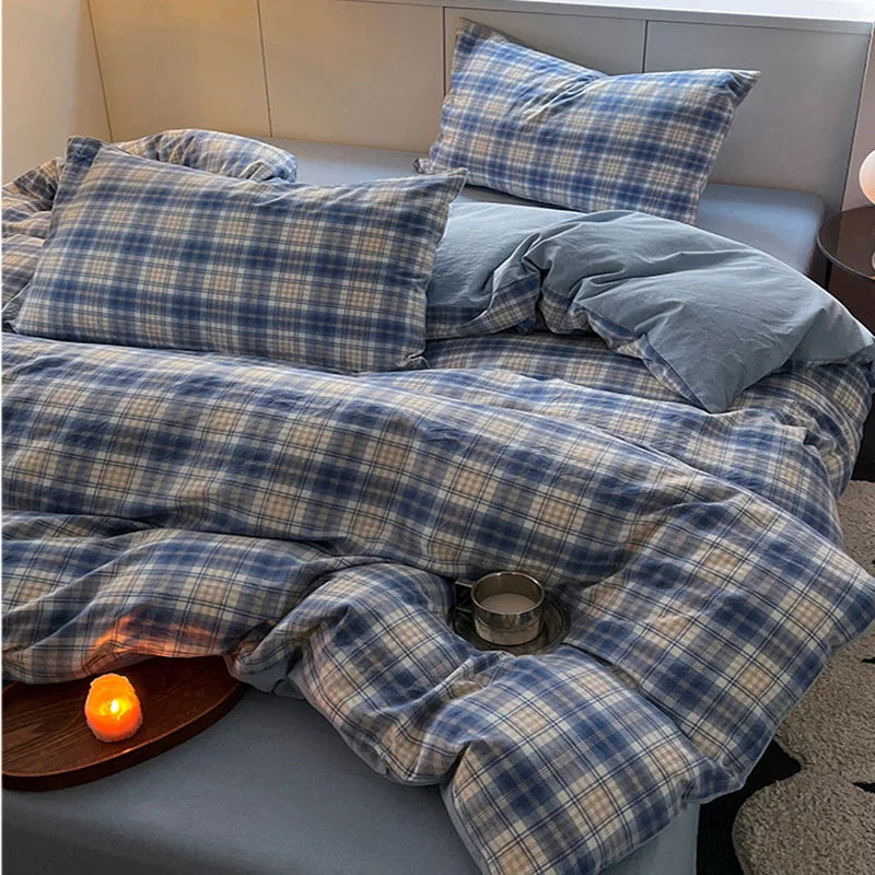 Nordic Grid Print Bedding Set in Wash Cotton Linen for Single Double Bed by Afralia™