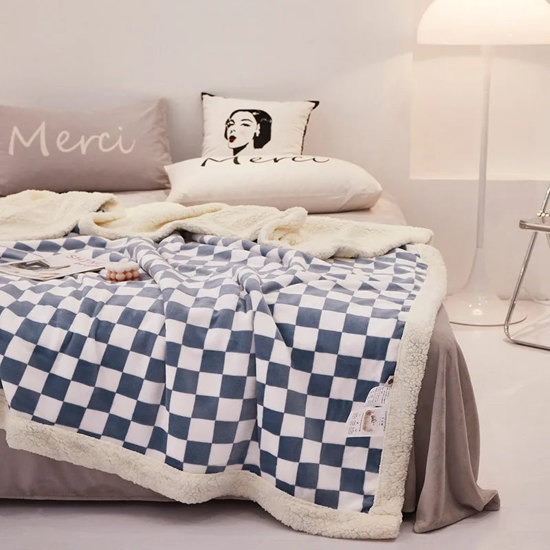 Afralia™ Double Layer Lamb Wool Checkered Blanket - Nordic Style Warm Bedspread