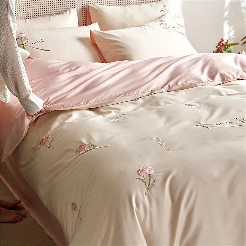 Afralia™ Luxury 100S Long Staple Cotton Embroidery Bedding Set, Ultra Soft Solid Duvet Cover, Double King Size