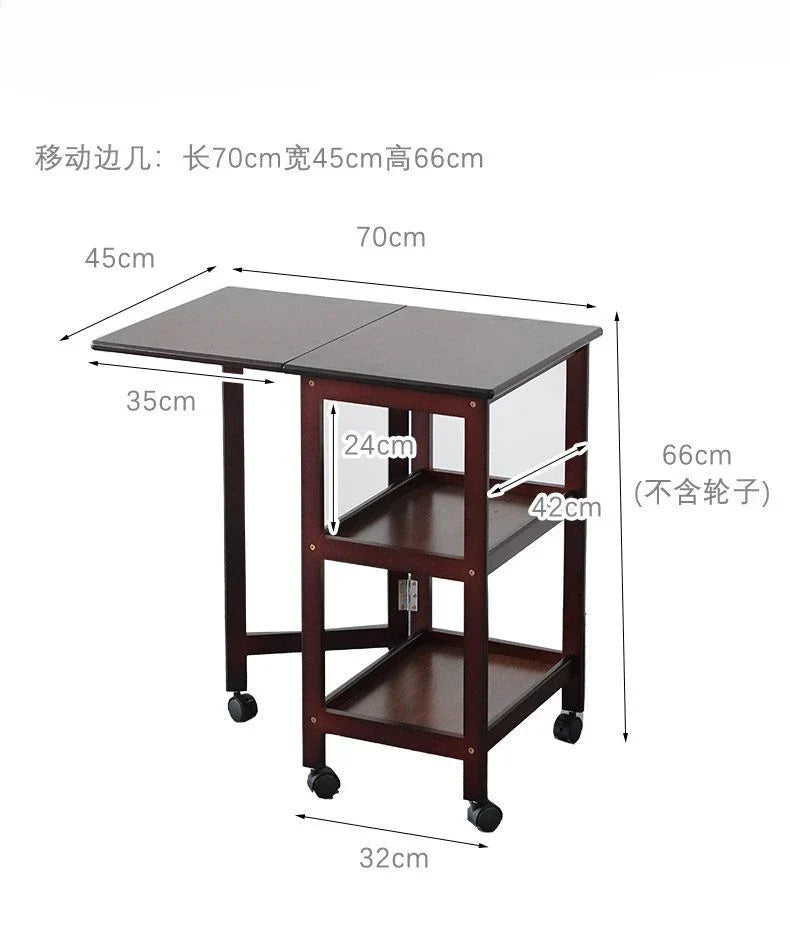 Afralia™ Solid Wood Dining Table Folding Side Cabinet with Wheels and Storage Shelf