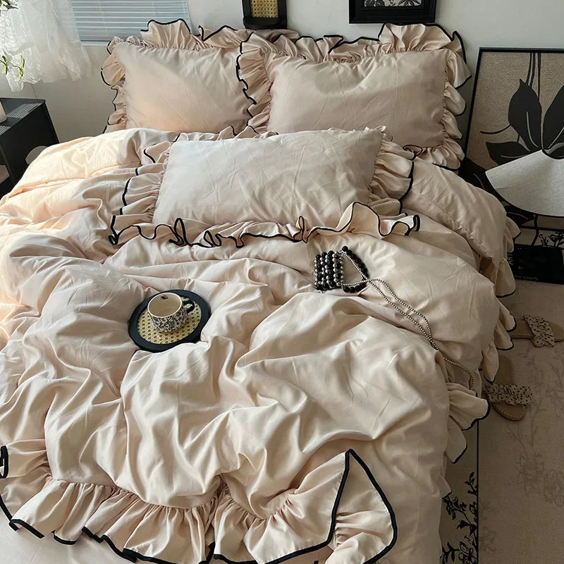 Afralia™ Cooling Silky Ruffled Bedding Set 180X220 - 4 Piece Smooth Fitted Sheet