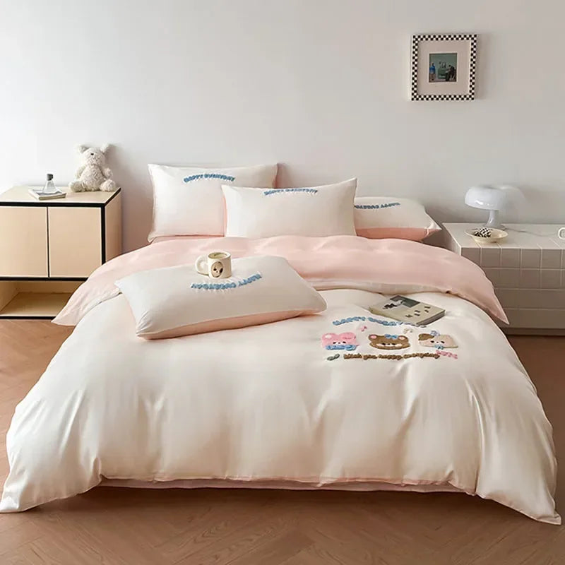Afralia™ Cartoon Embroidery Cotton Bedding Set - Summer Cool, Skin Friendly Flat Sheet Kit