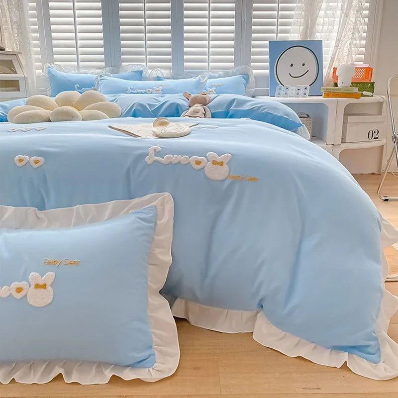 Afralia™ Cartoon Embroidery 100% Cotton Bedding Set King Queen Bedclothes