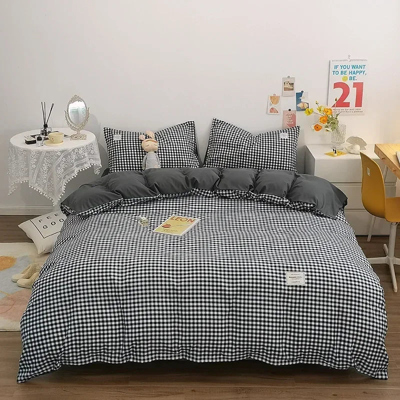 Afralia™ Japanese Grid Print Bedding Set for All Seasons, Queen/King Size Quilt Cover