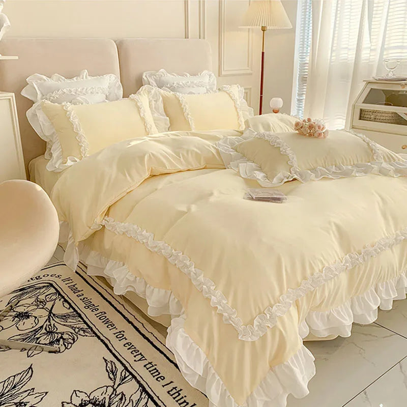 Afralia™ Korean Princess Lolita Bed 4-Piece Set in Solid Washed Cotton
