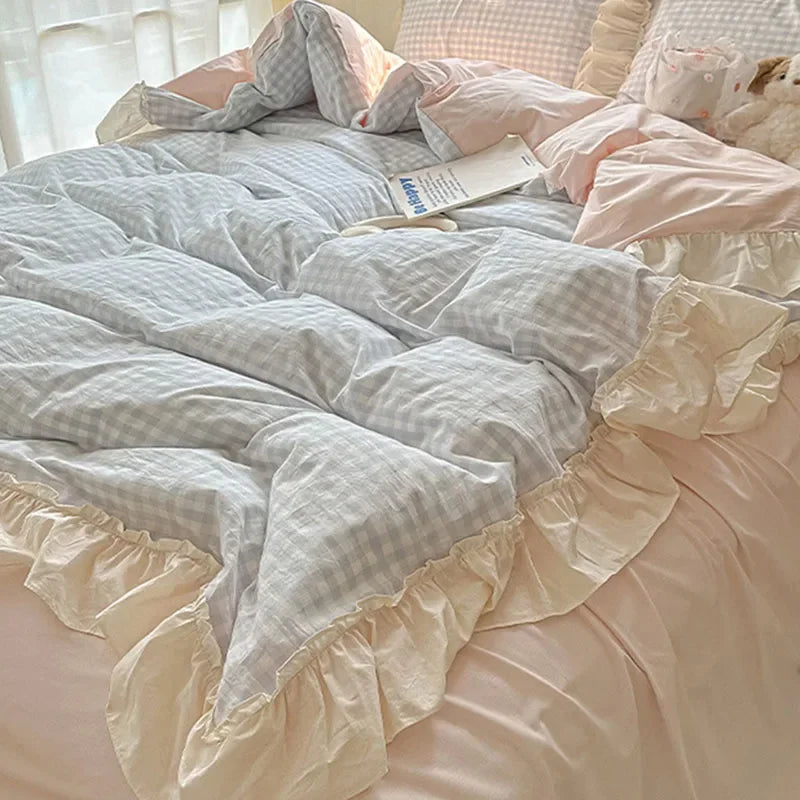 Afralia™ Korean Grid Lace Washed Cotton Bedding Set, Cozy Comforter Cover Single Double Queen