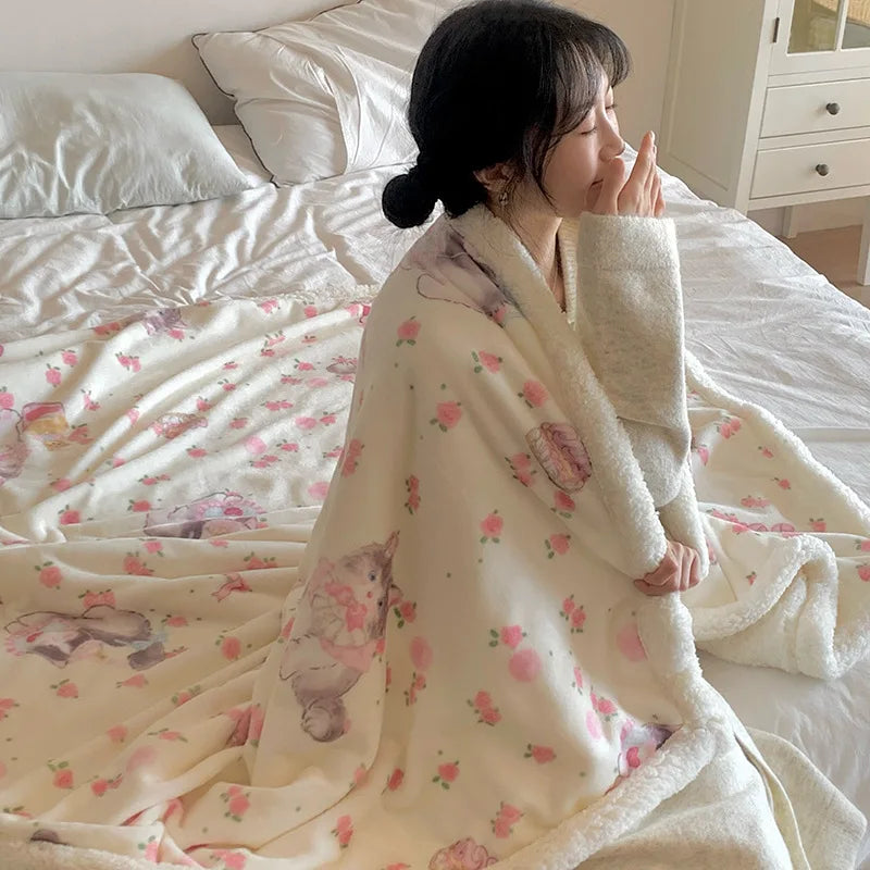 Afralia™ Cartoon Lamb Wool Blanket - Thick, Printed Coral Fleece Sofa Cover