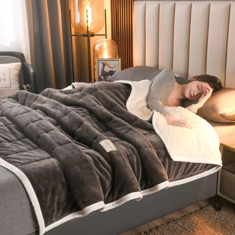 Afralia™ Luxury Coral Fleece Blanket for Bed, 3-Layer Soft Warmth Quilt, Washable Classic Winter Comfort.