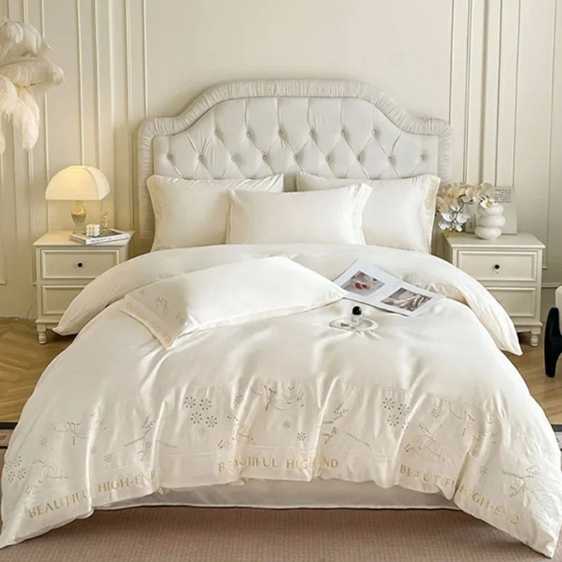 Afralia™ Embroidery Faux Silk Bedding Set Double Bedsheet Kit