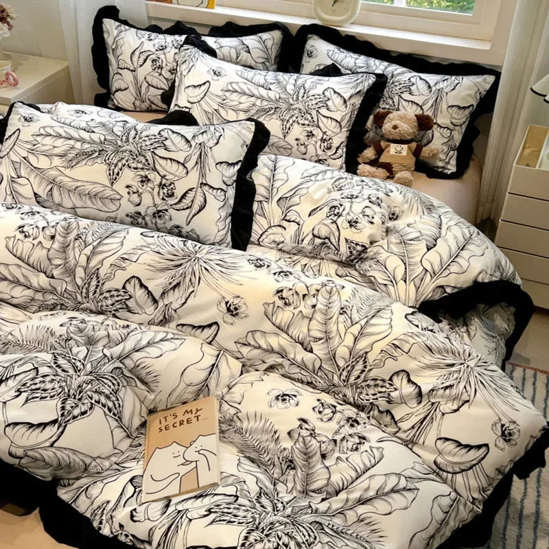 Afralia™ Black White Printed Bed Skirt Bedding Set - Cozy Skin Friendly Linens