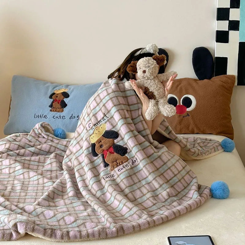 Afralia™ Cartoon Patch Woolen Blanket with Fur Balls for Single Bed
