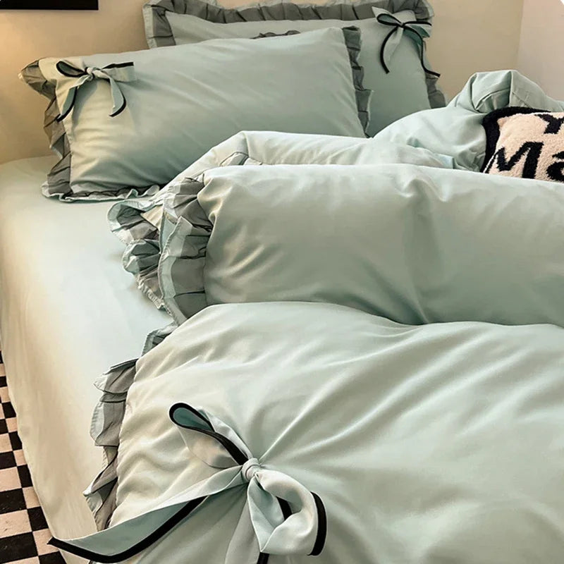 Afralia™ Princess Bow Embroidery Cotton Bedding Set with Lace - Single to King Sizes