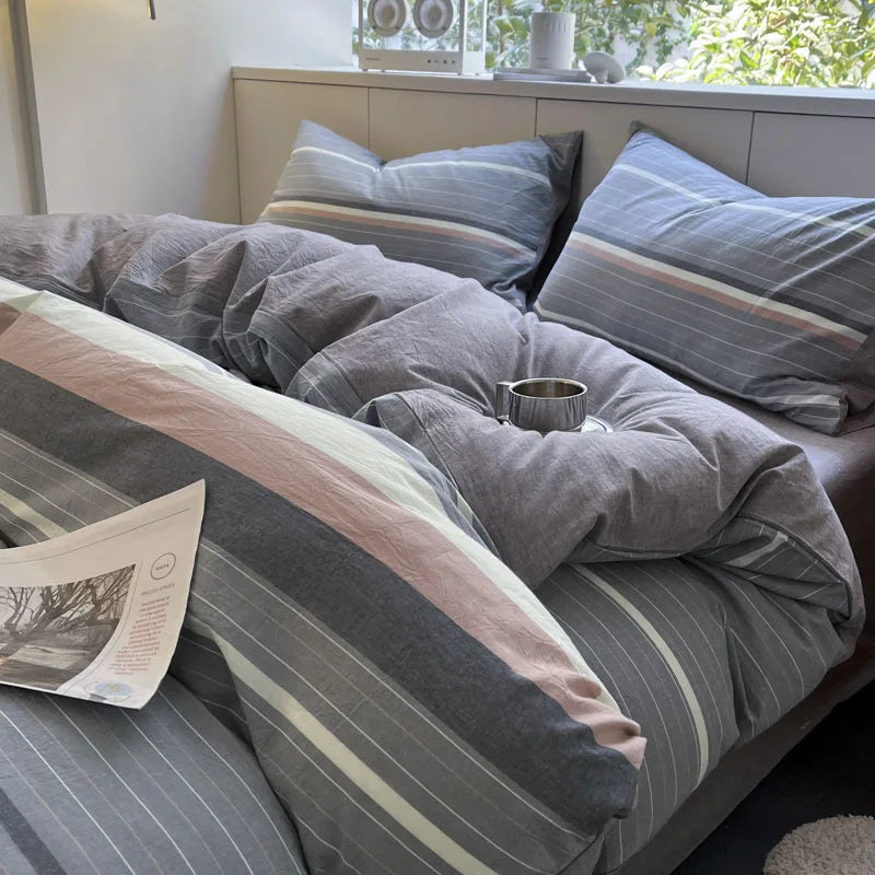 Nordic Grid Print Bedding Set in Wash Cotton Linen for Single Double Bed by Afralia™