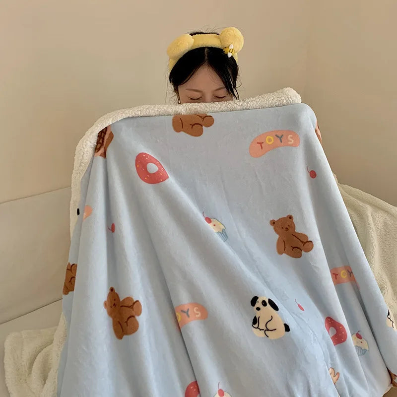 Afralia™ Cartoon Lamb Wool Blanket - Thick, Printed Coral Fleece Sofa Cover