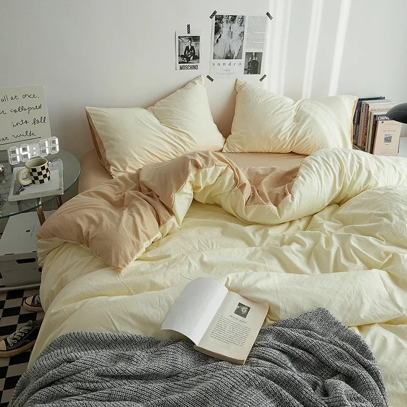 Afralia™ Washed Cotton Duvet Cover Set: Solid Color Bed Sheet Style, Double-Sided Color Matching Comfort, Bedding