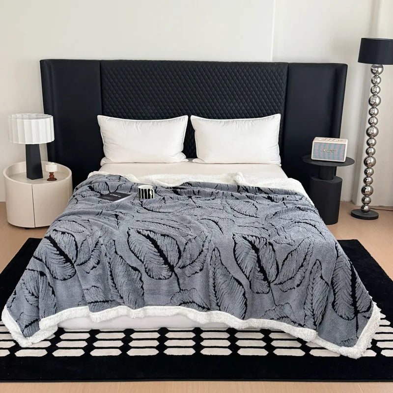Afralia™ Leaf Jacquard Double-Layer Flannel Blanket for Sofa and Bed