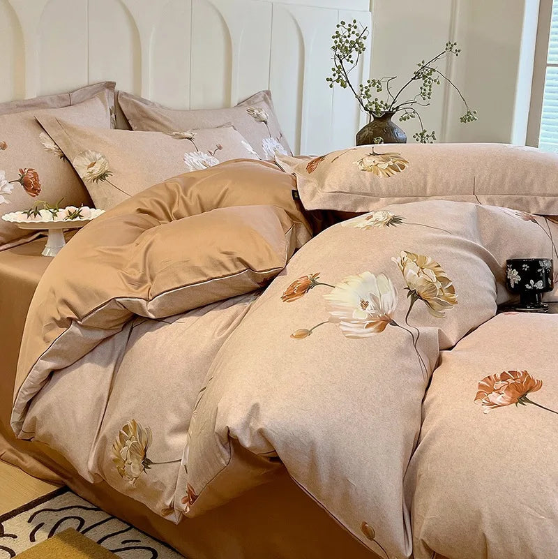 Afralia™ Satin Flower Fitted Sheet Set - Luxury 100% Cotton Print Bedding Set