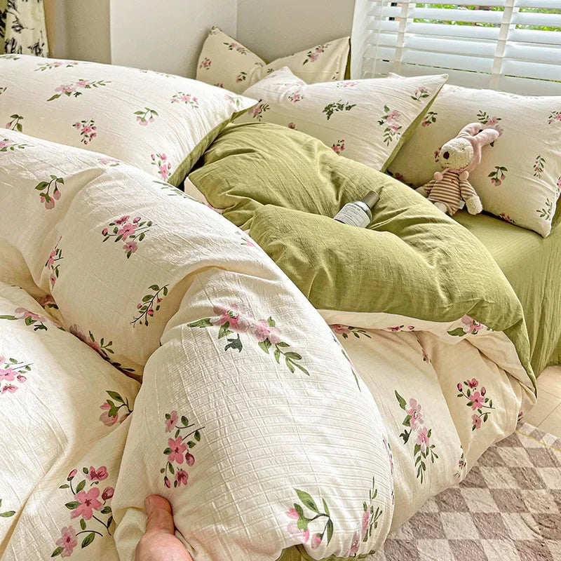 Afralia™ Cotton Flower Printed Comforter Set: Breathable Double-Layer Yarn, Soft Bedding for Girls