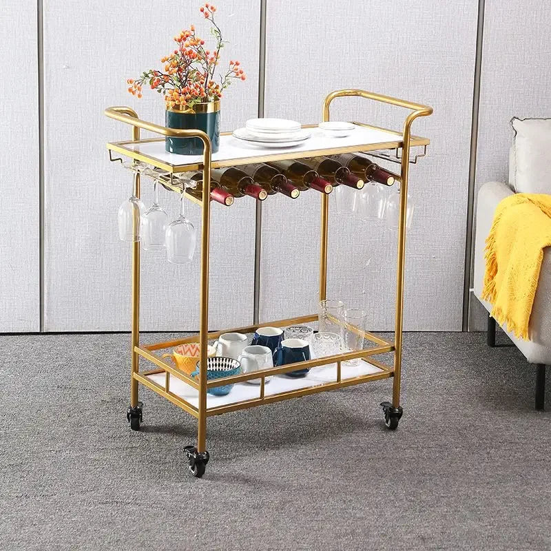 Afralia™ Drinks Trolley with Wine Rack, Glass Holder, Cup Holder, 2 Racks - Black Gold