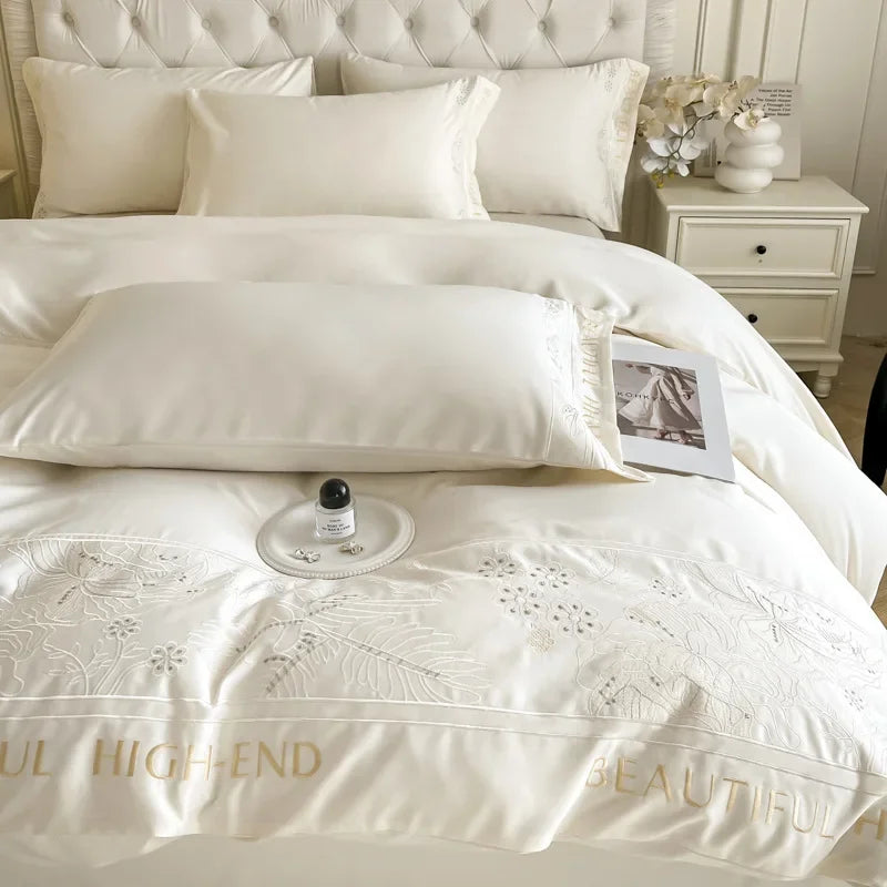 Afralia™ Embroidery Faux Silk Bedding Set Double Bedsheet Kit