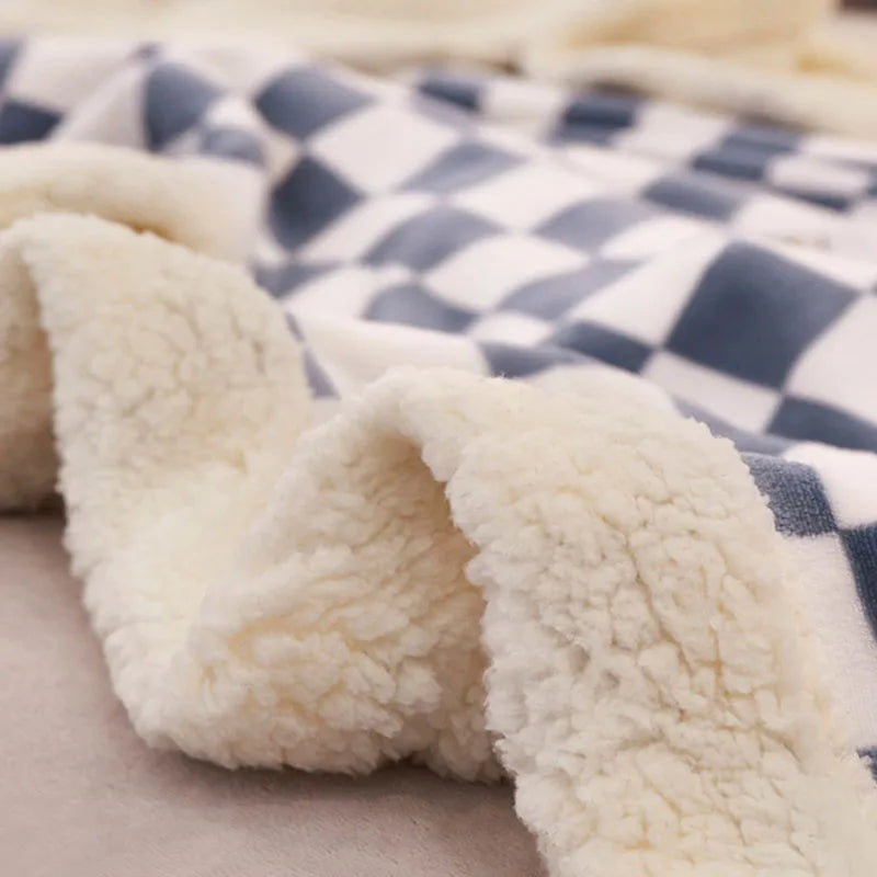 Afralia™ Double Layer Lamb Wool Checkered Blanket - Nordic Style Warm Bedspread