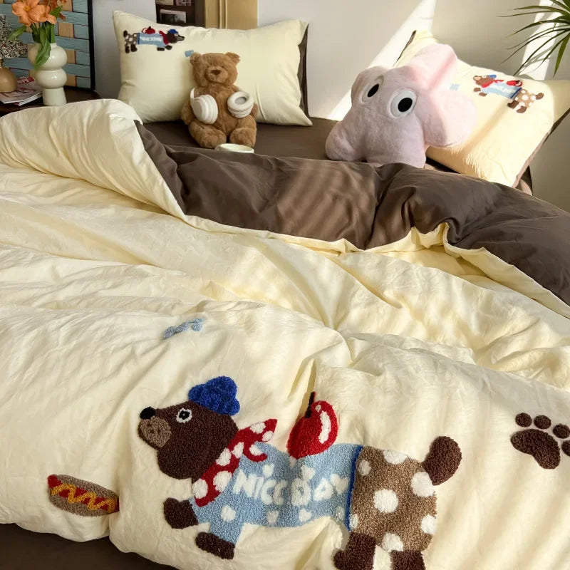 Afralia™ Cartoon Embroidery Jacquard Comforter Sets | Washed Cotton | Soft Skin-Friendly Bed Linen