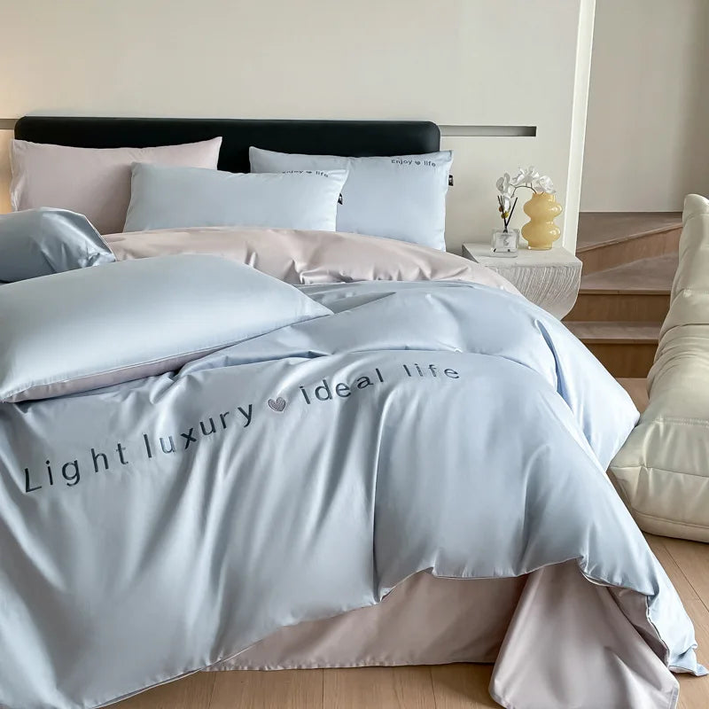 Afralia™ Pure Cotton Embroidered Bed Sets Solid Color Fitted Sheet Kit, Cozy Comforter Sets