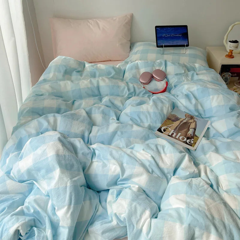 Afralia™ Cozy Cotton Grid Bedding Sets for Student Dorms - Queen/King Bedclothes