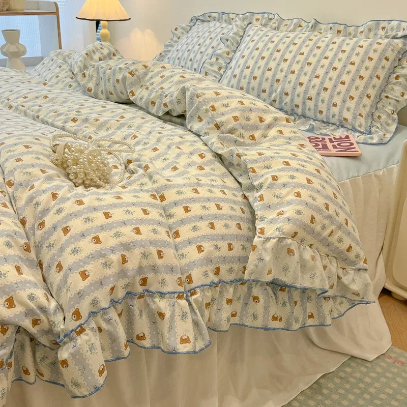 Afralia™ Lace Bedding Set: Printed Design, Single Queen Size, Cozy Quilt Cover, Fitted Sheet, 2 Pillowcases