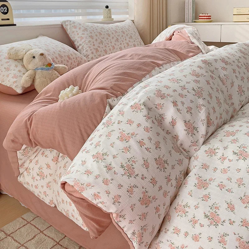 Afralia™ Flower Print Bedding Set 200X230Cm Soft Cotton Duvet Cover Set