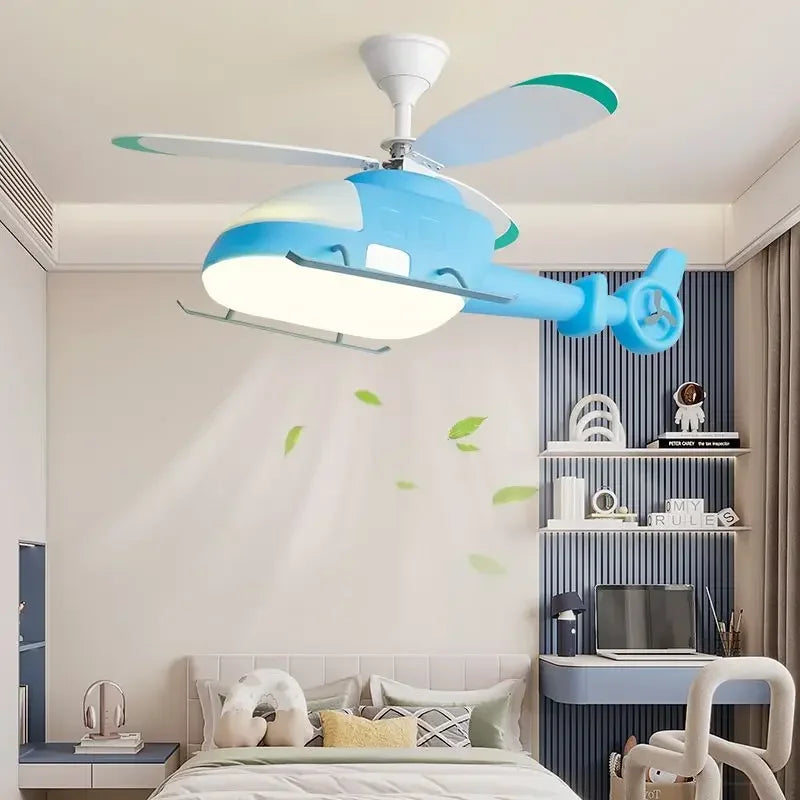 Afralia™ Helicopter Aircraft Ceiling Fan Children's Chandelier Blue Pink Light Kids' Room