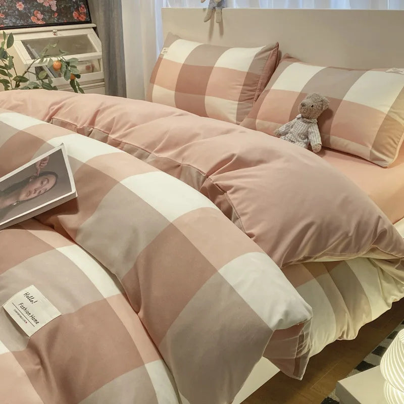 Afralia™ Japanese Grid Printed Cotton Bedding Set in Queen/King for Cozy Sleep