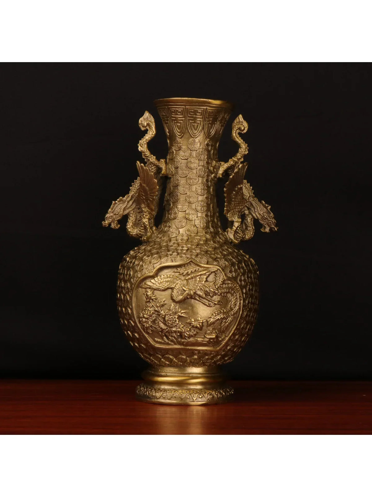 Afralia™ Copper Dragon Phoenix Vase Pair Double Dragon Ears Pine Crane Feng Shui Ornament