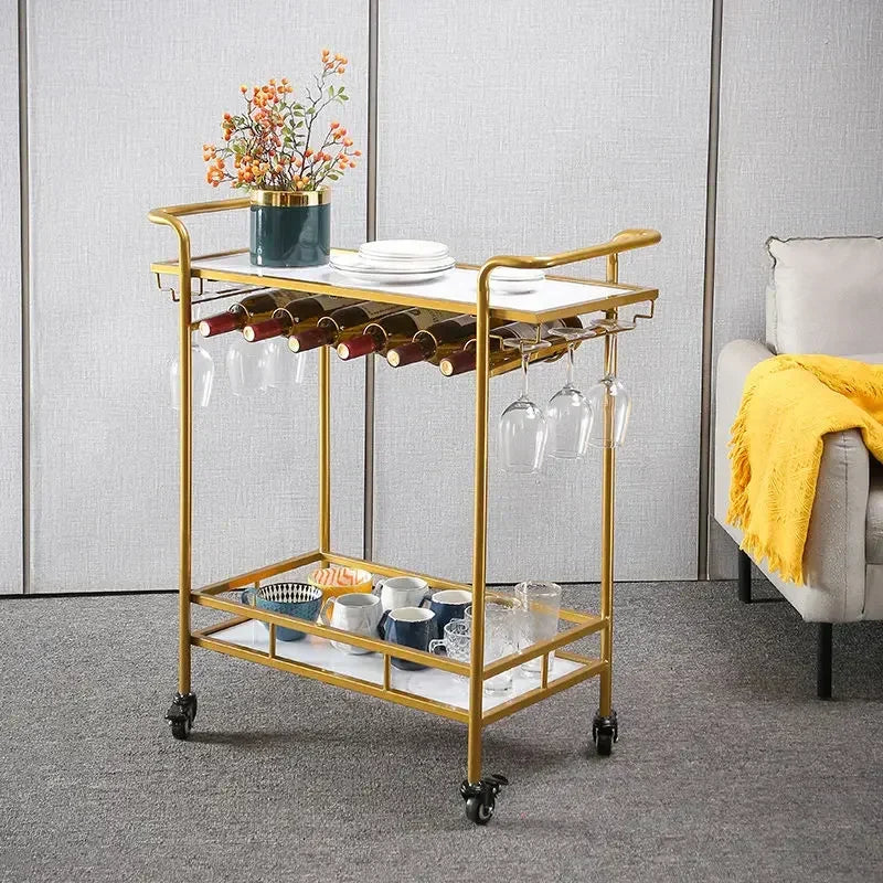 Afralia™ Drinks Trolley with Wine Rack, Glass Holder, Cup Holder, 2 Racks - Black Gold