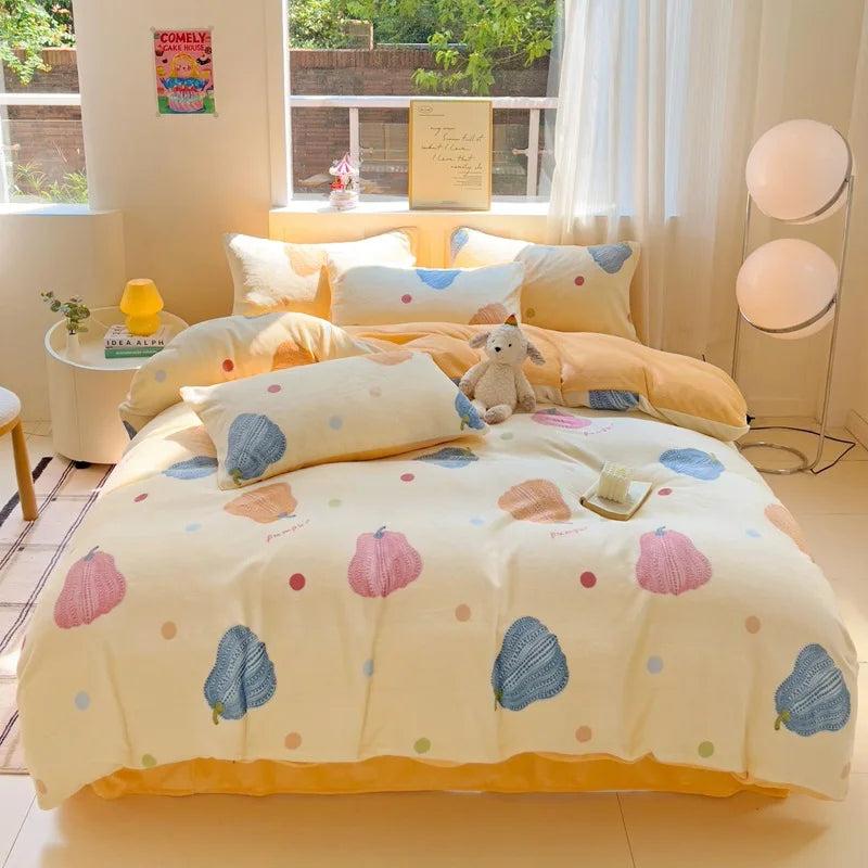 Afralia™ Snowflake Velvet Cute Cartoon Flower Bedding Set for Single Queen