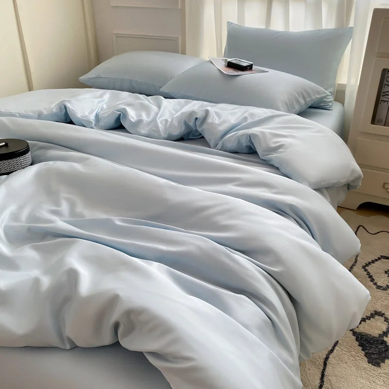 Afralia™ Silky Rayon Bedding Set: Solid Color Duvet, Fitted Sheet, Pillowcase - Queen King Size