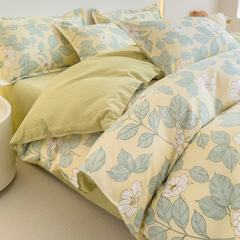 Afralia™ Cozy Flower Print Bedding Set: Brushed Cotton, Skin-Friendly, Soft, Thick, 4Pcs