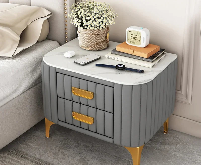 Afralia™ Rock Bed Edge Cabinet with Drawers - Modern & Luxury Leather Master Bedroom Nightstand