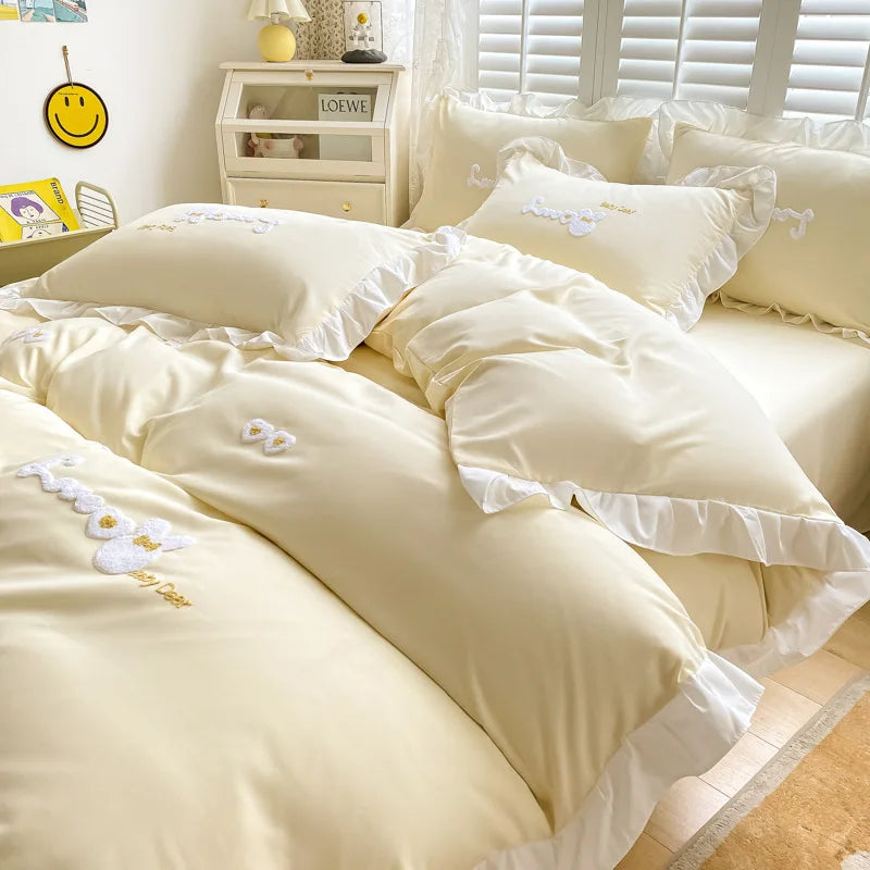 Afralia™ Cartoon Embroidery 100% Cotton Bedding Set King Queen Bedclothes