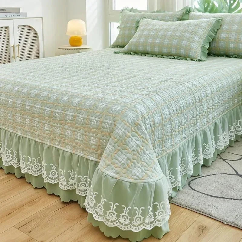 Afralia™ Oversized Printed Bed Skirt Pad Cover with Lace Edge, Cotton Mattress Topper
