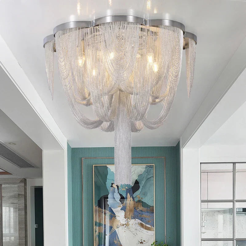 Afralia™ Circular Chrome Chain Pendant Light LED Ceiling Aluminum Living Room Luxe Chrome Gloss Light